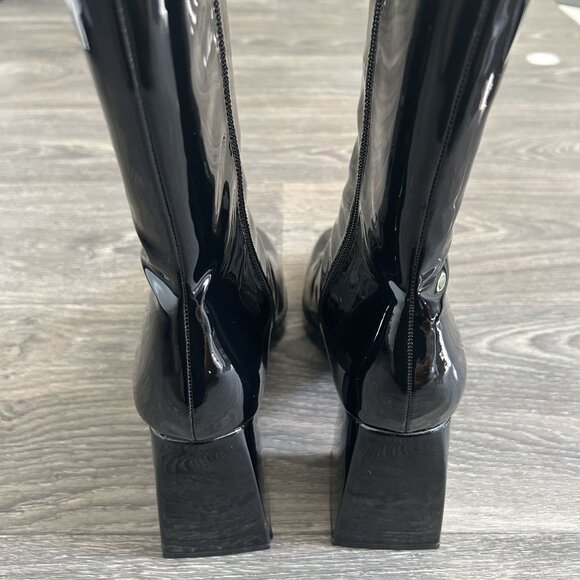 NEW Lulus Size 5.5 Edmen Black Patent Platform Mid Calf Boots Zip Up Block Heel - Picture 6 of 12